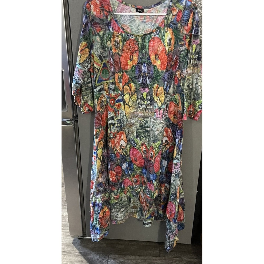 Shana Art to Wear‎ Asymmetric Dress Crinkle Abstract Artsy Boho Colorful Large